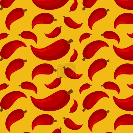Red chili peppers seamless pattern with ingredients vector illustration for food background in flat style on yellow background