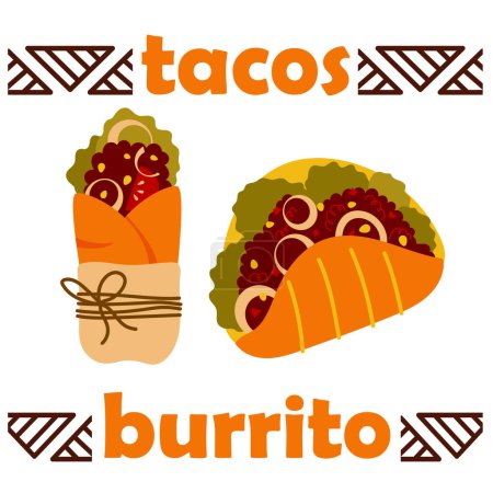 Tacos and burritos mexican food. Vector cartoon illustration