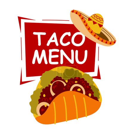 Mexican food taco menu on red background with sombrero. Mexican cuisine