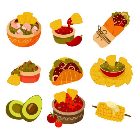 Conjunto de comida mexicana. ilustración de dibujos animados