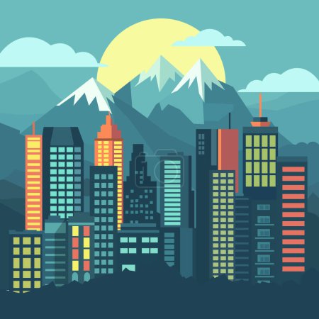 Illustration for Cityscape Skyscrapers Building with Mountain Landscape Flat Design Illustration - Royalty Free Image