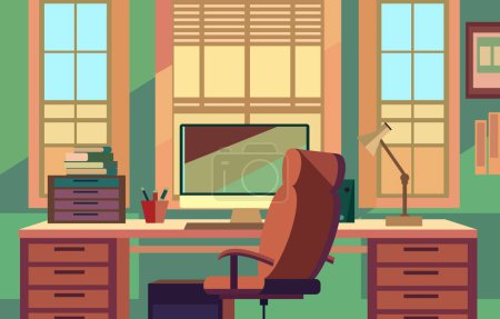Flat Vector Design of Colorful Workspace Landscape with Monitor and Stationery on a Desk