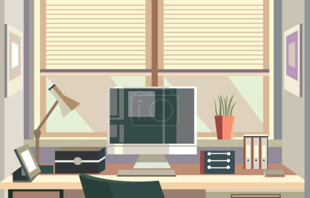 Flat Vector Design of Modern Workplace Landscape in the Office with Computer and Books on a Desk