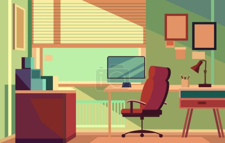 Flat Design Illustration of Colorful Office Room with Monitor in the Workspace