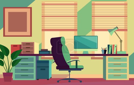 Flat Design Illustration of Colorful Office Workspace with Modern Interior Style