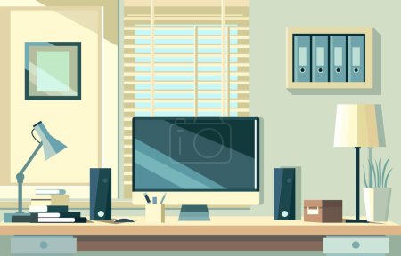 Flat Design Illustration of Workspace Landscape with Monitor and Stationery on Office Desk