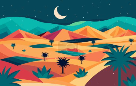 Ilustración de Diseño plano Ilustración de montañas en el desierto árabe con dátiles por la noche - Imagen libre de derechos