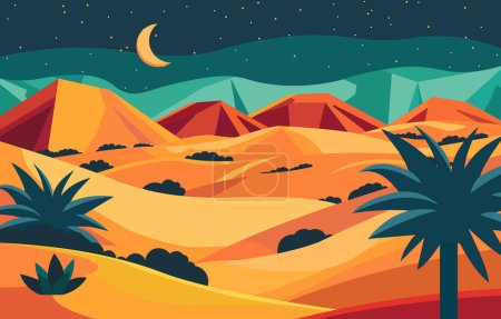 Ilustración de Ilustración de diseño plano de dunas en el desierto árabe con luna creciente por la noche - Imagen libre de derechos