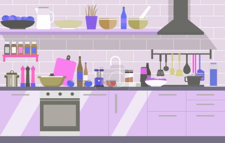Illustration for Flat Design of Modern Kitchen Interior in Restaurant with Storage Shelves and Stove - Royalty Free Image