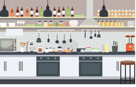Illustration for Flat Design of Modern Kitchen Interior in Restaurant with Storage Shelves and Stove - Royalty Free Image