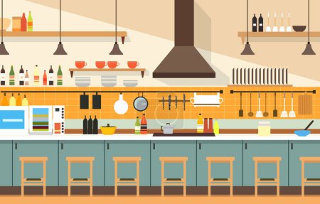 Illustration for Flat Design of Kitchen in Restaurant with Kitchen Utensils and Customer Chairs - Royalty Free Image
