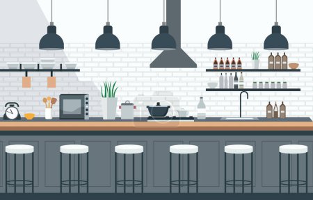 Illustration for Flat Design of Kitchen in Restaurant with Kitchen Utensils and Customer Chairs - Royalty Free Image