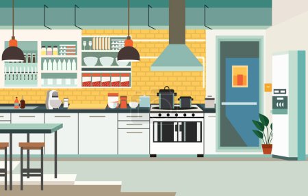 Illustration for Flat Design of Modern Kitchen Interior in Restaurant with Kitchen Utensils and Dining Table - Royalty Free Image