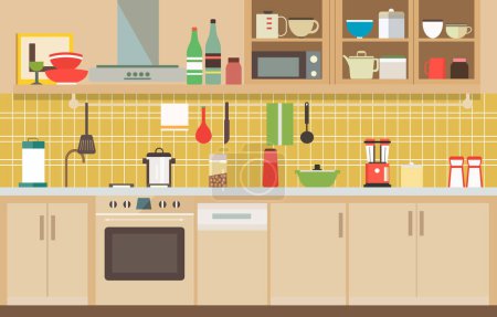 Illustration for Flat Design of Kitchen in Restaurant with Kitchen Utensils and Storage Shelves - Royalty Free Image