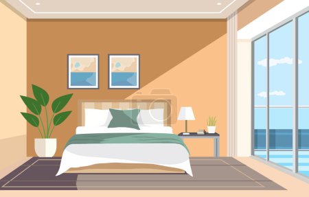 Flache Gestaltung des Schlafzimmers mit Bettmöbelfenster und Pflanze im Hotel