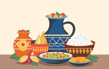 Diseño plano Ilustración de platos de comida tradicional en jarrón Bowl para Nowruz Celebración