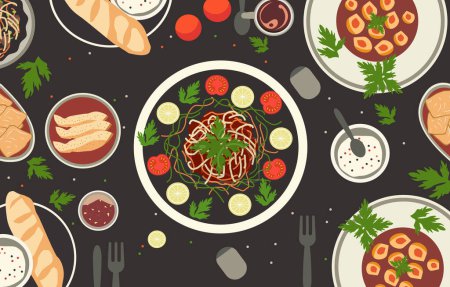 Téléchargez les illustrations : Vue du dessus des plats de nouilles Baguette sur la table à manger pour la célébration de Nowruz - en licence libre de droit
