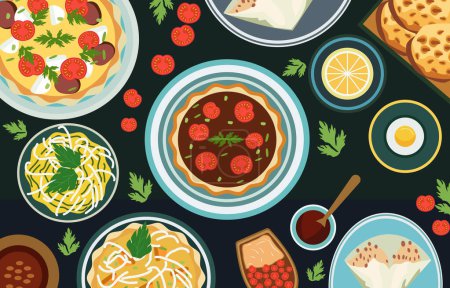 Téléchargez les illustrations : Vue du dessus des plats de Spaghetti de pizza sur la table à manger pour la célébration de Nowruz - en licence libre de droit