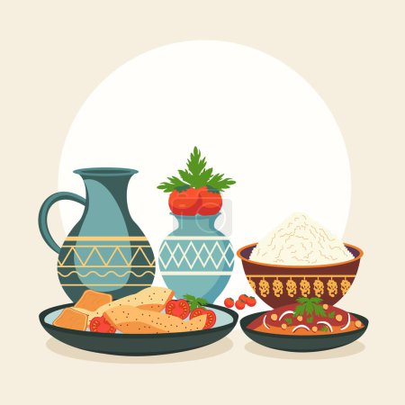 Diseño Plano de Platos Vegetales con Jarrón Bowl para Nowruz Celebration