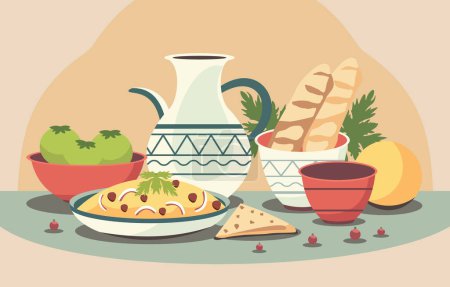 Téléchargez les illustrations : Conception plate des plats de nourriture de baguette de légumes avec bol de vase pour la célébration de Nowruz - en licence libre de droit