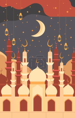 Illustration for Mosque and Lantern Islamic Eid Al Fitr Festival Card - Royalty Free Image