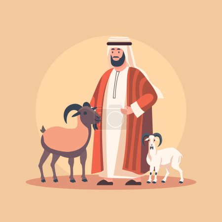Téléchargez les illustrations : Islam Arabe musulman avec mouton chèvre dans l'Aïd Al Adha Célébration - en licence libre de droit