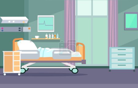 Habitación hospitalaria colorida con cama y equipos médicos de salud