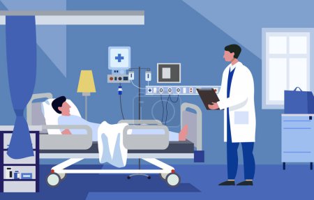 Flaches Design Illustration des männlichen Arztes überprüfen Patientengesundheit im Krankenhauszimmer
