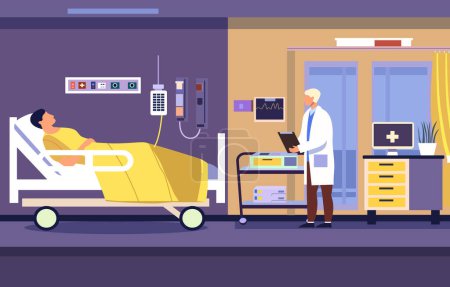 Illustration for Flat Design Illustration of Male Doctor Check Patient Health in Hospital Inpatient Room - Royalty Free Image