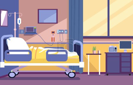 Habitación hospitalaria colorida con cama y equipos médicos de salud