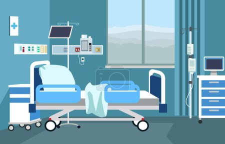 Paisaje interior de la habitación hospitalaria con cama y equipos médicos de salud
