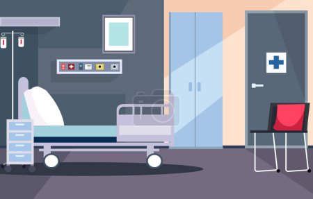 Paisaje interior de la habitación hospitalaria con cama y equipos médicos de salud