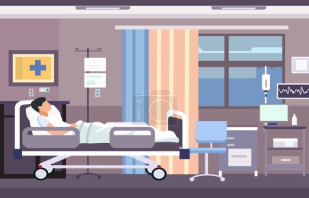Illustration for Sick Male Patient Sleeping on the Bed in Hospital Inpatient Room - Royalty Free Image
