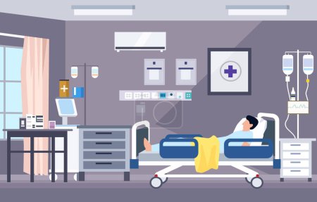 Illustration for Sick Male Patient Sleeping on the Bed in Hospital Inpatient Room - Royalty Free Image