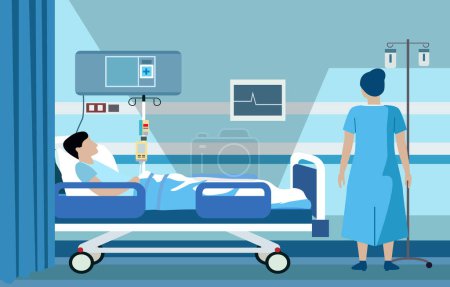 Illustration for Vector Design of Sick Patient with Female Nurse in Hospital Inpatient Room - Royalty Free Image