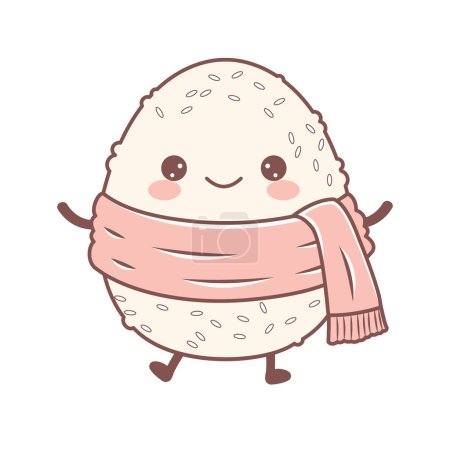 Cute Onigiri Rice Japanese Food Cartoon Character Wearing Pink Shawl with Smile Expression