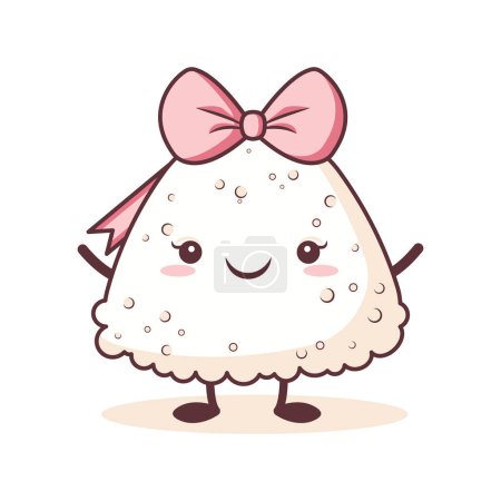 Cute Onigiri Rice Japanese Food Cartoon Character Wearing Pink Ribbon with Smile Expression
