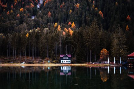 Photo for Autumn Fall colours of Toblacher See, Lago di Dobbiaco with a house and reflections in Dolomites Italy. High quality photo - Royalty Free Image