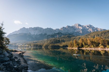 Morning photo of Eibsee Mountain Lake, Garmisch Partenkirchen, Bavaria, Germany. High quality photo