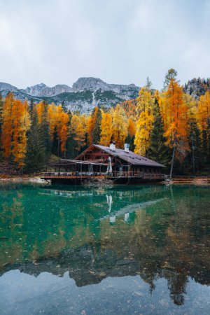 Photo for Autumn trees and lake view of Lago Ghedina, The Dolomites South Tyrol Italy. High quality photo - Royalty Free Image