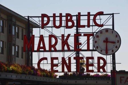 Firme en el Mercado Público de Pike Place en Seattle, Washington