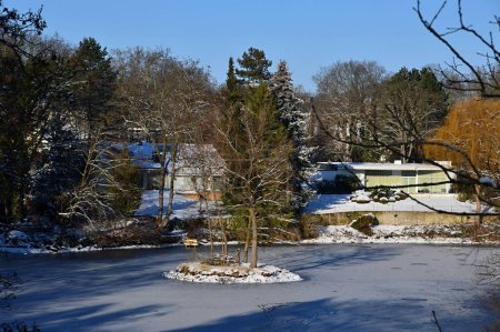 Téléchargez les photos : Paysage en hiver au lac Herthasee dans le quartier Grunewald à Berlin, la capitale de l'Allemagne - en image libre de droit