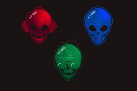 Illustration for Three colored skull with a red and blue gradient with different color on a black background - Royalty Free Image