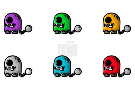 set of color ghosts with prisoner ball cartoon