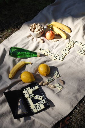jeu de dominos à un pique-nique. loisirs. Il y a un domino sur le pique-nique et à proximité il y a des noix, des pommes, de l'eau et des bananes pour une collation saine.
