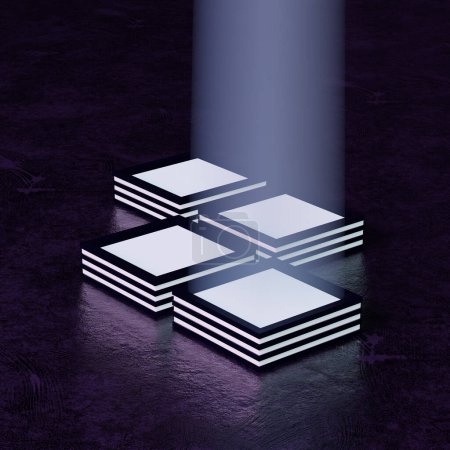 Foto de Obras de arte 3D conceptuales de cuatro cubos de luz que emiten un haz de luz brillante hacia el cielo en la superficie de metal violeta oscuro - Imagen libre de derechos