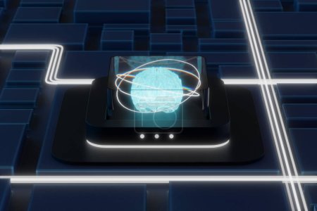 Digitales Gehirn sitzt auf einem Computerchip mit Internetverbindung und neuronalem Netzwerktraining. Künstliche Intelligenz und Quantencomputerkonzept.