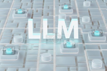 Foto de Concepto LLM modelo de lenguaje grande. Representación de un texto 3d con infraestructura de red neuronal en un centro de datos en la nube - Imagen libre de derechos