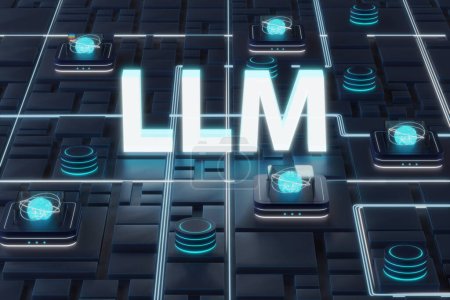 Large Language Model LLM Konzept. Rendering eines 3D-Textes mit neuronaler Netzwerkinfrastruktur in einem Cloud-Rechenzentrum