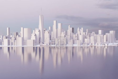Téléchargez les photos : New York City Lower Manhattan skyline du centre-ville au coucher du soleil. Faible poly pays des merveilles d'hiver à NY avec des bâtiments blancs de glace et un éclairage spectaculaire sur la réflexion de l'eau. - en image libre de droit